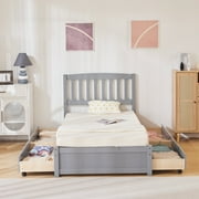 Twin Bed Frame with Four Large Drawers, Modern Pinewood Bed Frame with Curved Vertical Headboard, Rectangle Twin Platform Bed with Harwood Slats, No Box Springs, Grey